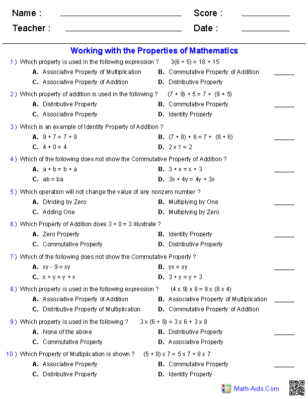 Properties Of Operations Chart