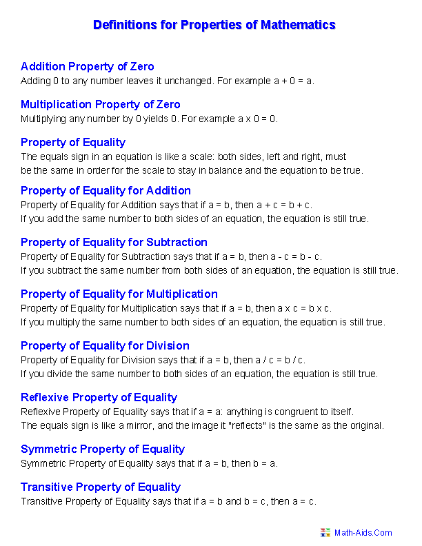 Properties Of Equality Chart