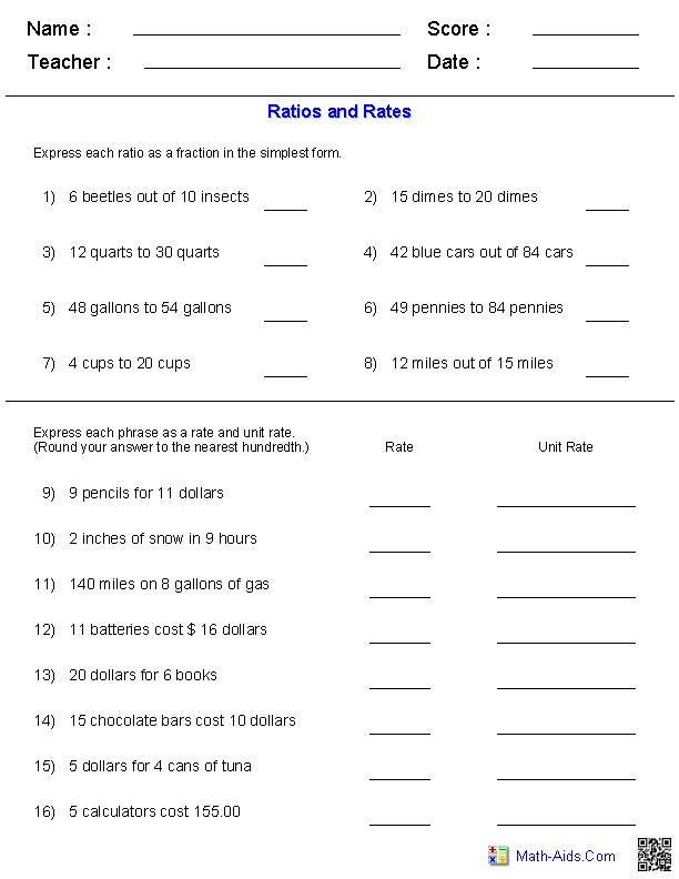 Ratios and Rates Worksheets