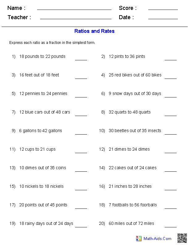 Ratios from Word Phrases Ratio Worksheets