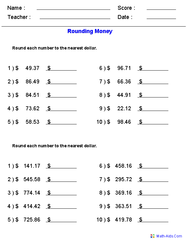 Rounding with Money Rounding Worksheets