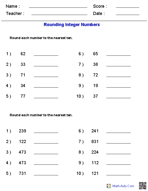 Rounding Math Worksheets