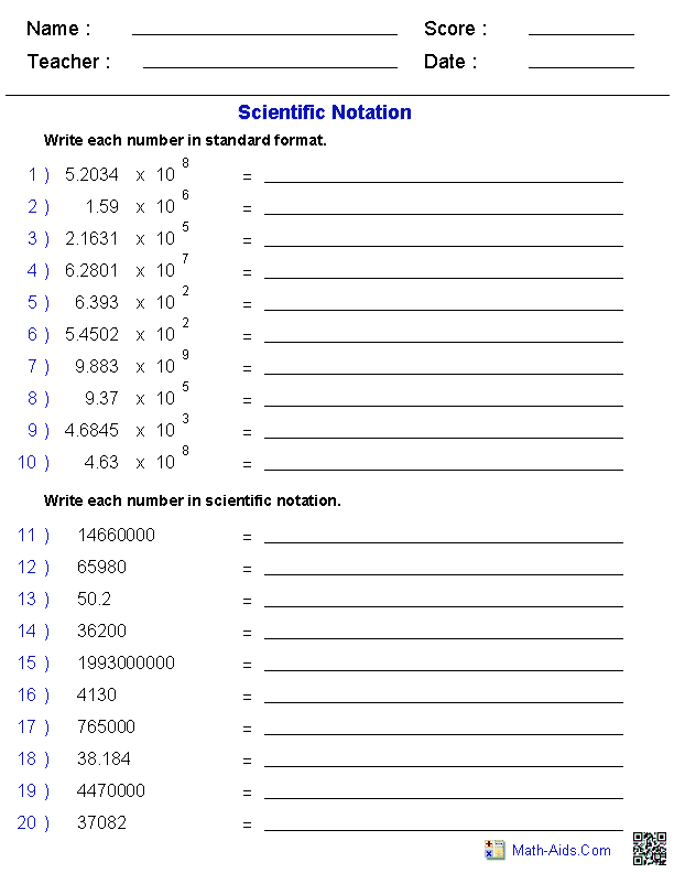 Scientific Notation Exponents & Radicals Worksheets