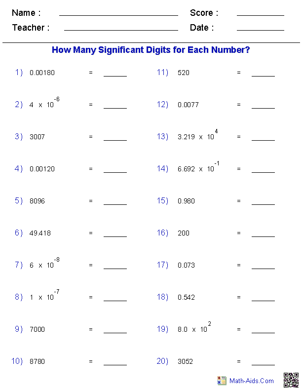 Significant Figures Math Worksheets