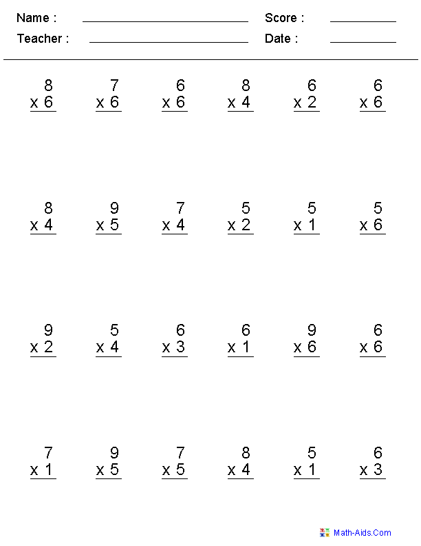 Single Digit Multiplication Worksheets