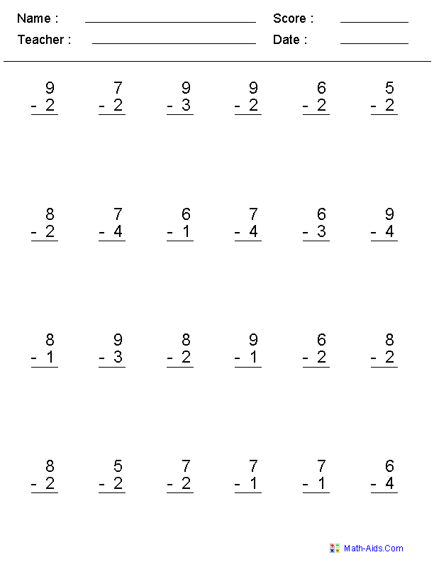 Single Digit Subtraction Subtraction Worksheets