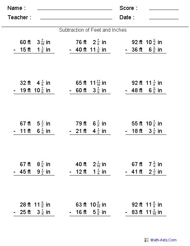 Subtracting Feet & Inches Subtraction Worksheets