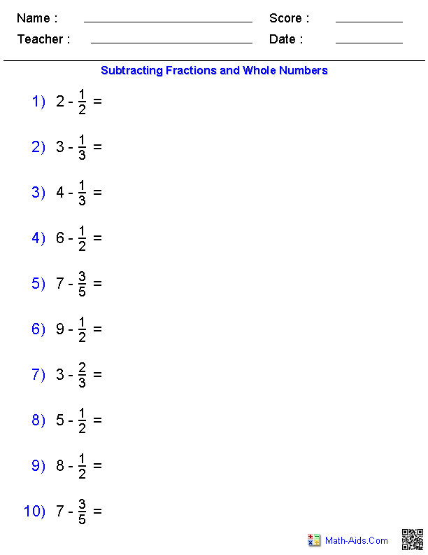 Subtracting Fractions and Whole Numbers Worksheets