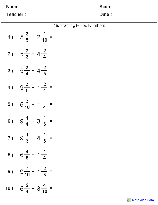 Subtract Mixed Nums Fractions Worksheets