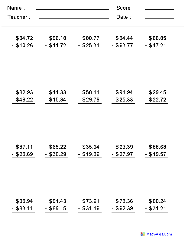 Subtracting Money Subtraction Worksheets