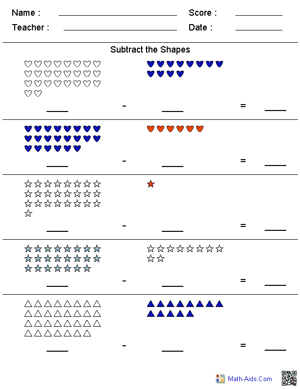Kindergarten shapes math worksheets vs subtraction