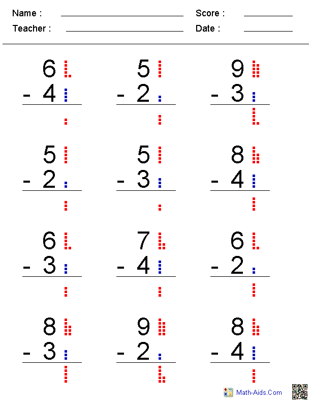 Subtracting with Dots Kindergarten Worksheets