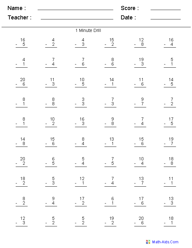5 Minute Drills Subtraction Worksheets
