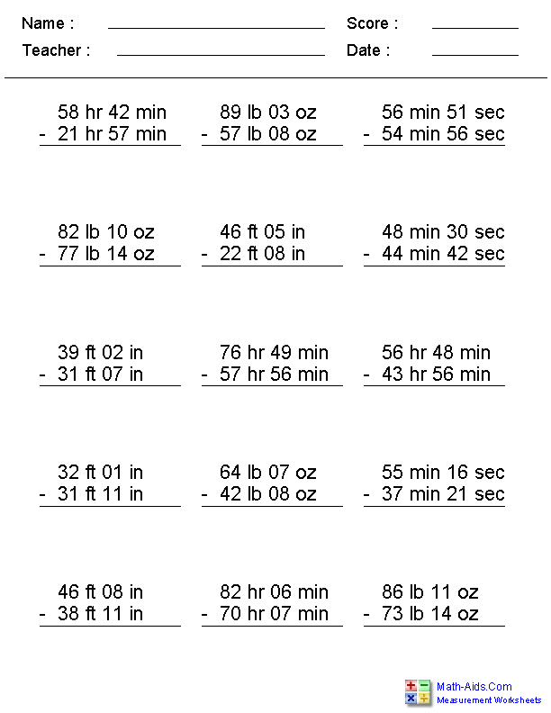 Subtracting Irregular Units Measurement Worksheets