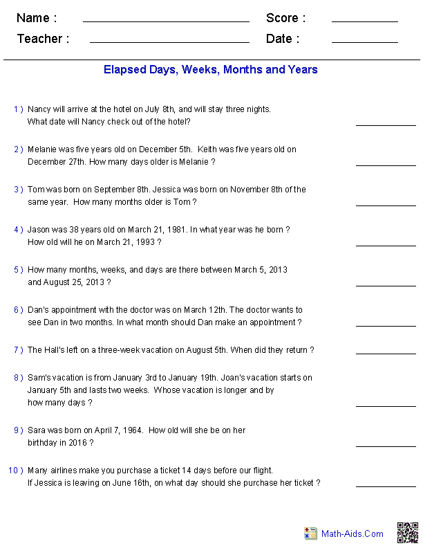 Elapsed Dates Time Worksheets