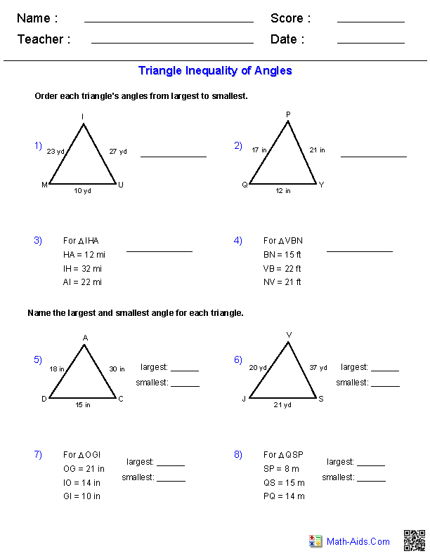 Angle Inequalities Geometry Workhsheets