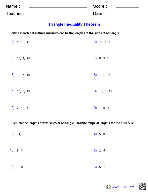 Triangle Ineq. Theorem Geometry Geometry Worksheets