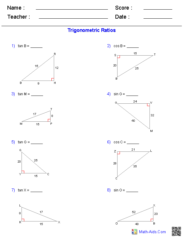 Geometry Worksheets | Trigonometry Worksheets