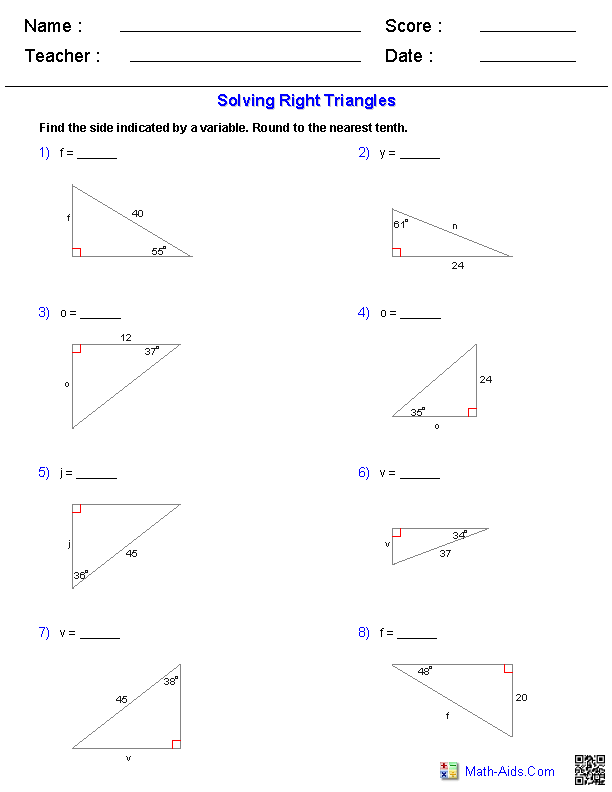 Solving Right Triangles Geometry Worksheets