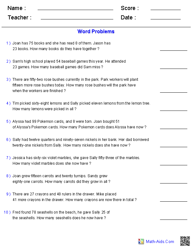 Adding & Subtracting 2 Digits No Regroup Word Problems Worksheets