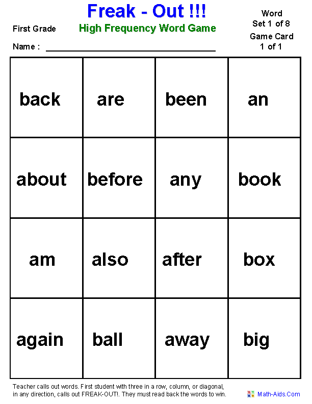 Freak-Out First Grade Word Games Worksheets