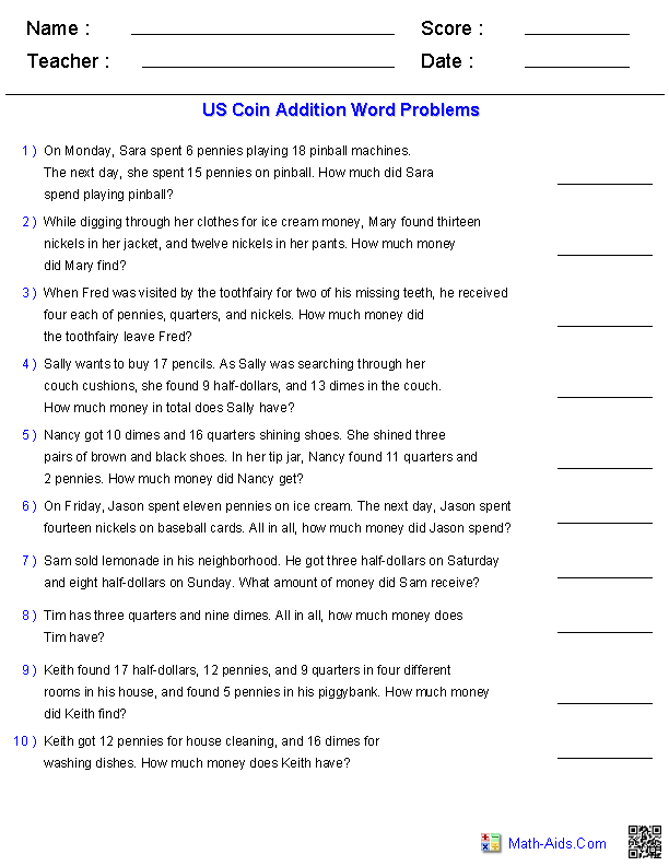 Adding Coins Word Problems Worksheets