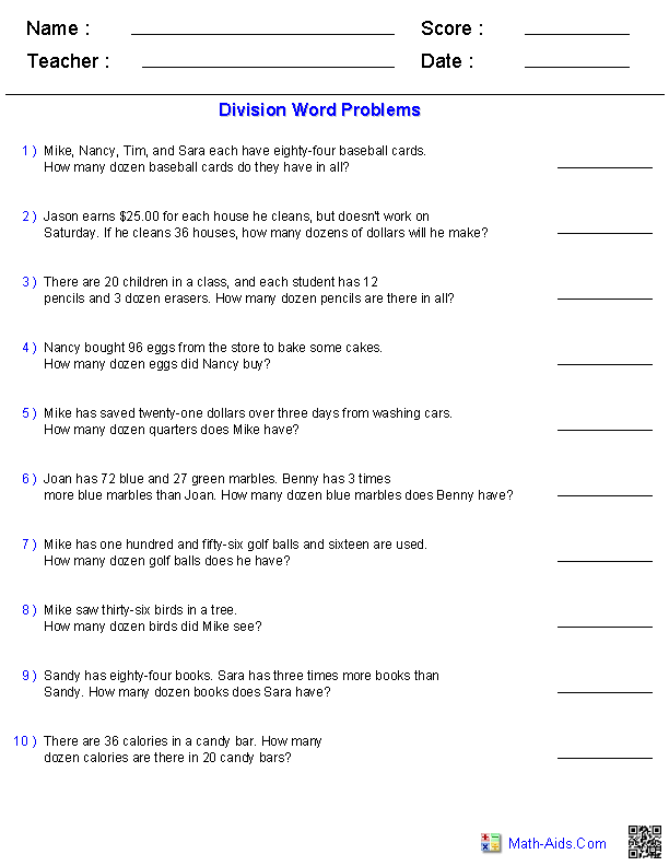 Division with Dozens as Divisor Word Problems Worksheets