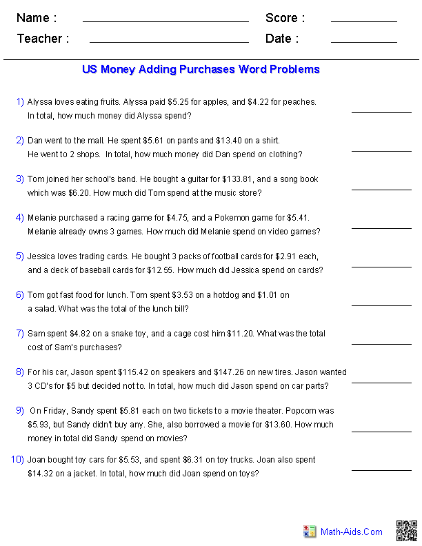 Adding Two Purchases Word Problems Worksheets