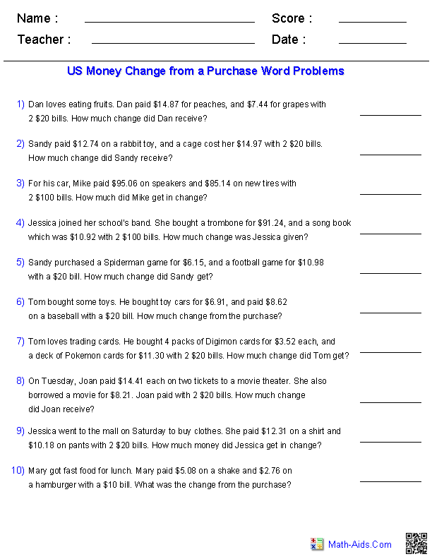 Change From A Purchase Word Problems Worksheets